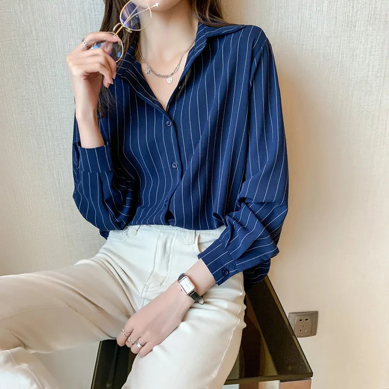 Fashion Woman Blouses 2025 Chiffon Long Sleeve Shirt Tops Woman White Blouse Shirts Striped Top Pretty and Cheap Women'S Blouses