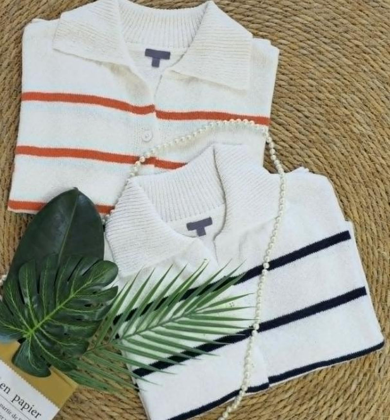 Women Fashion Casual Lapel Short Sleeve Button Navy Blue Striped Sleeve Knitted Cardigan