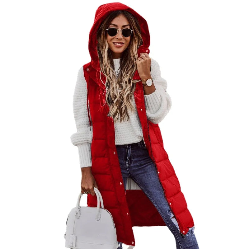 Women'S Long Coat Vest with Hood Autumn Winter Sleeveless Warm Cotton down Coat Waistcoat Quilted Vest down Jacket Outwear 5XL
