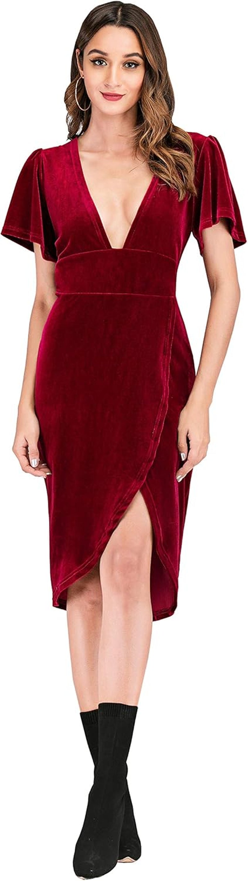 Womens Velvet Elegant Deep V Neck Short Sleeve High Low Midi Dresses