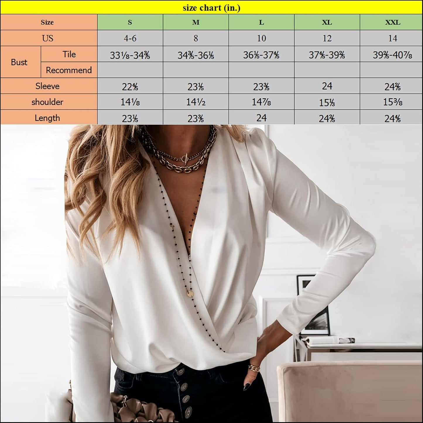 Women Blouse Satin V Neck Long Sleeve Cross Wrap Blouse