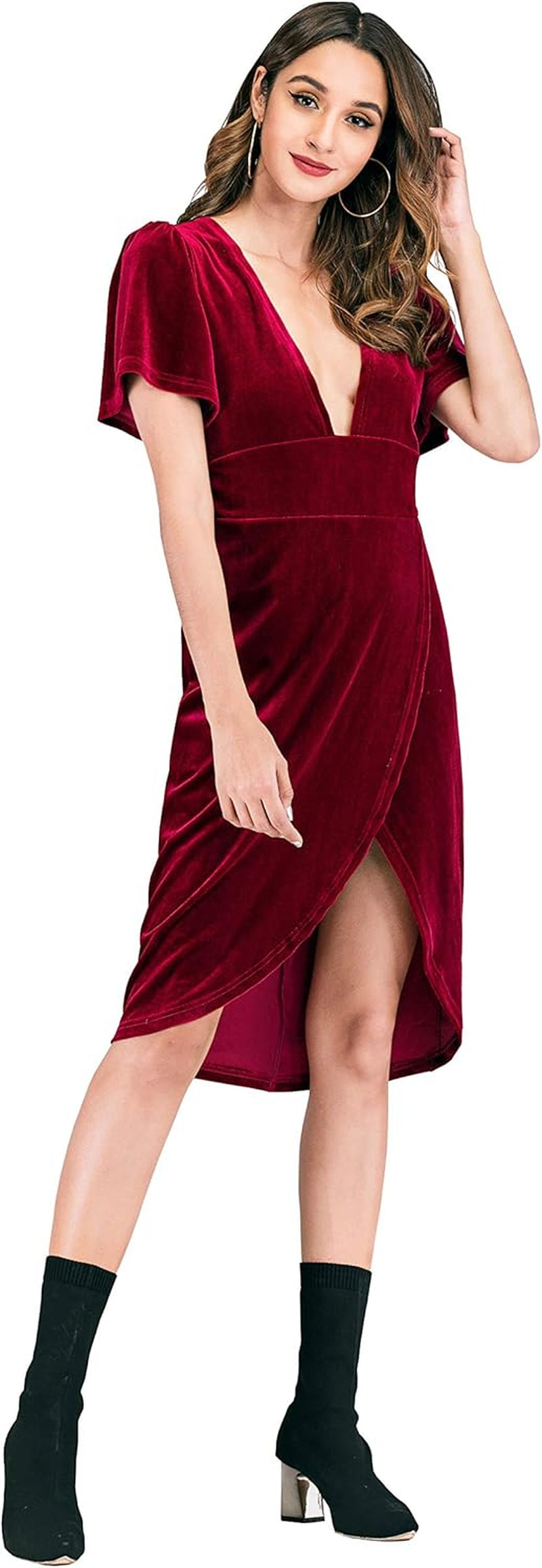 Womens Velvet Elegant Deep V Neck Short Sleeve High Low Midi Dresses