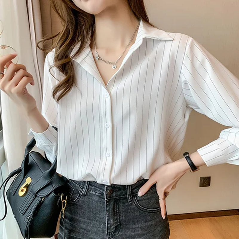 Fashion Woman Blouses 2025 Chiffon Long Sleeve Shirt Tops Woman White Blouse Shirts Striped Top Pretty and Cheap Women'S Blouses