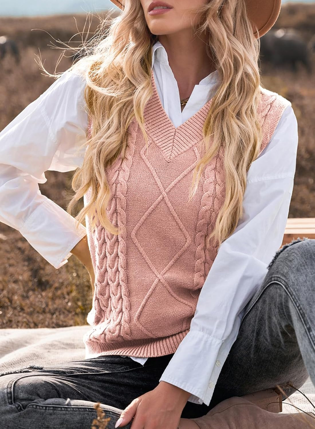 Oversized Sweater Vest for Women V Neck Sleeveless Solid Color Loose Pullover Sweater