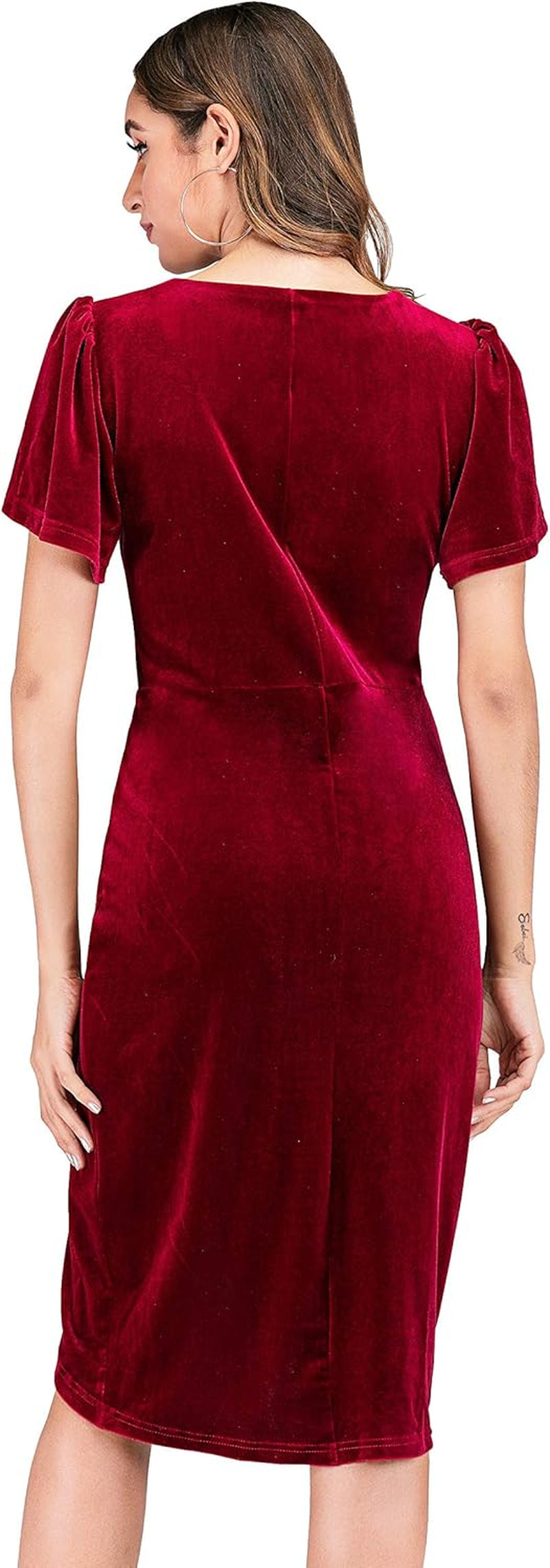 Womens Velvet Elegant Deep V Neck Short Sleeve High Low Midi Dresses