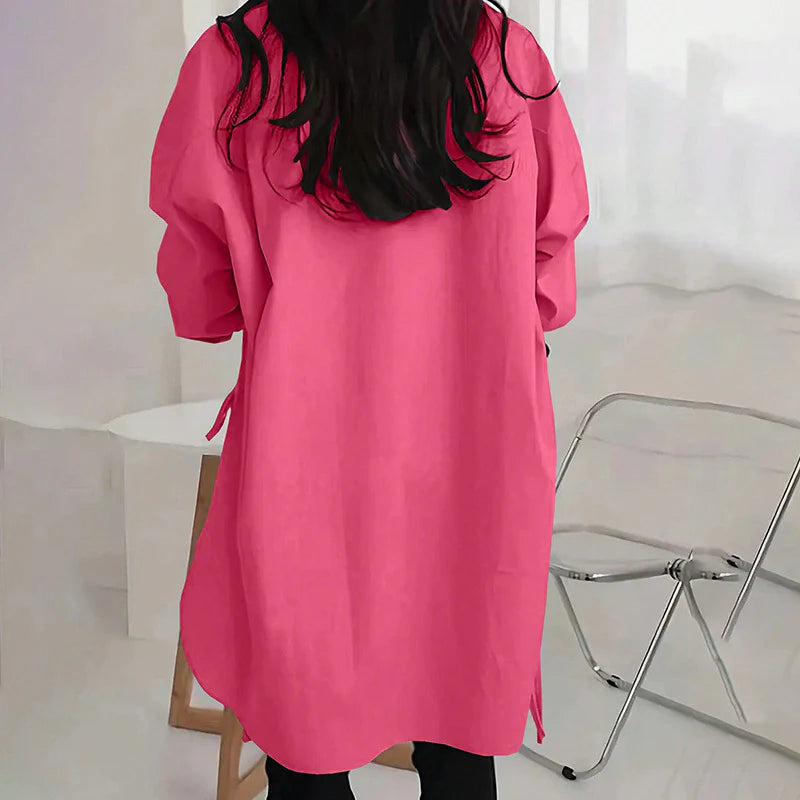 Women Casual Solid Color Loose Long Sleeve Side Slit Tie Button Shirt