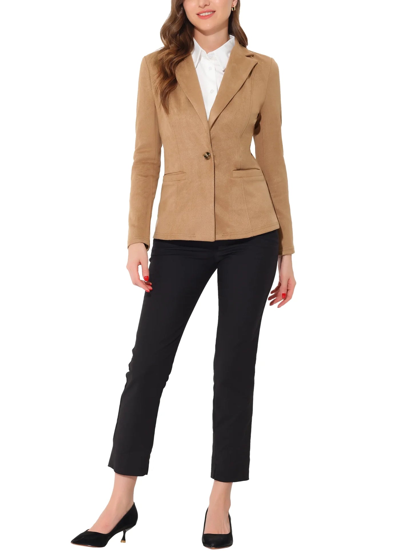Faux Suede Casual Blazer for Women'S Lapel Collar Long Sleeve Work Office Jacket L Khaki
