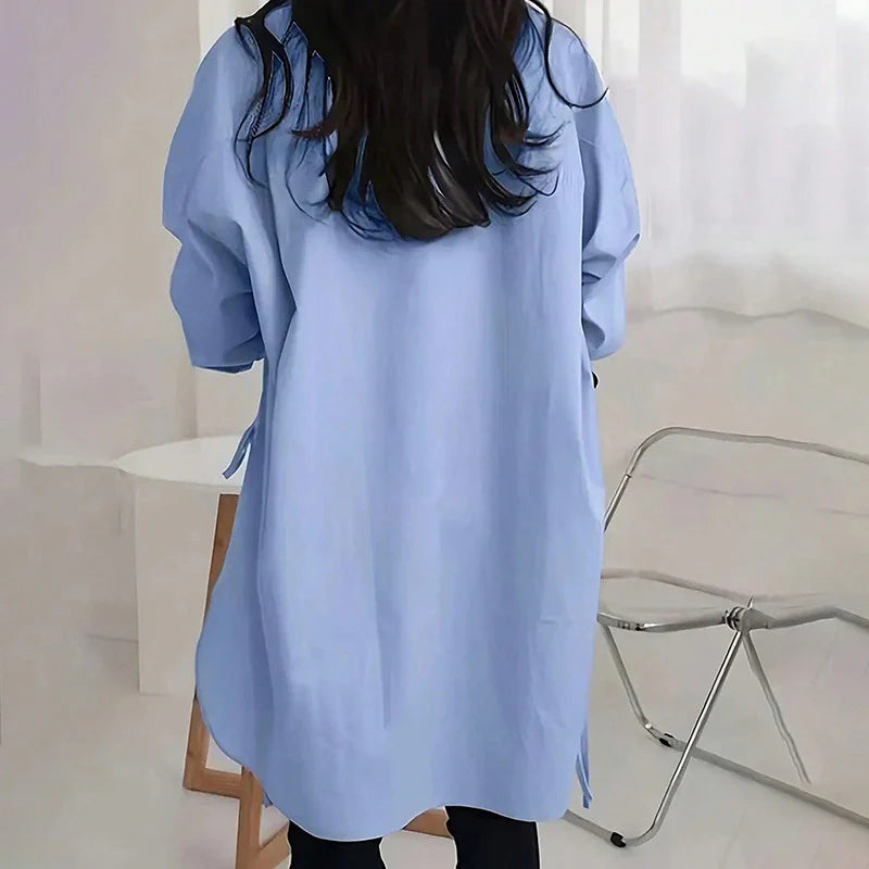 Women Casual Solid Color Loose Long Sleeve Side Slit Tie Button Shirt