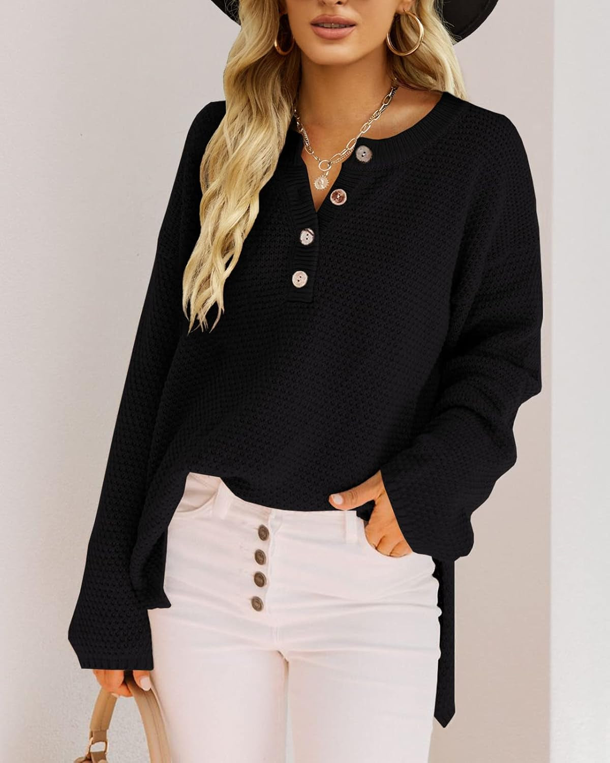 Women'S Oversized Sweaters Batwing Long Sleeve Loose V Neck Button Henley Tops Pullover Knit Jumper