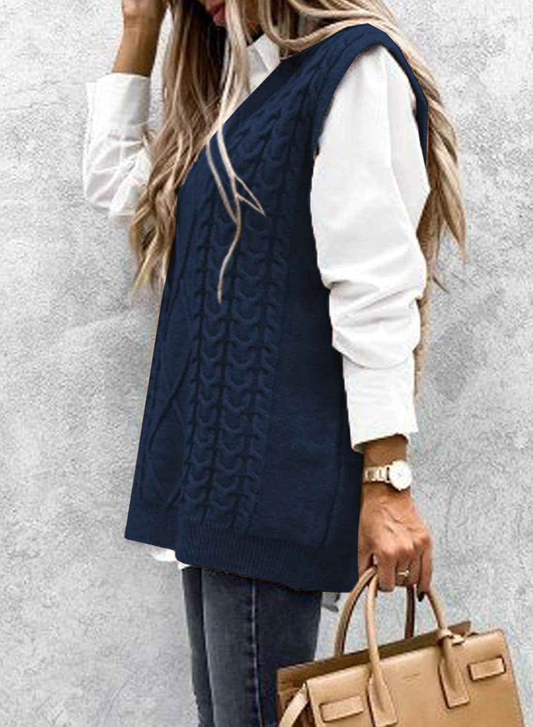 Women V Neck Sweater Vest Solid Sleeveless Pullover Sweaters Casual Cable Knit Sweaters Tops