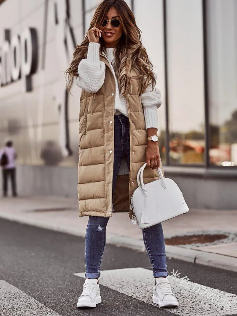 Women'S Long Coat Vest with Hood Autumn Winter Sleeveless Warm Cotton down Coat Waistcoat Quilted Vest down Jacket Outwear 5XL