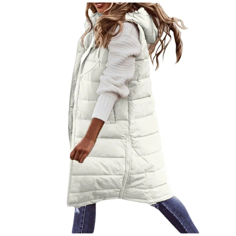 Women'S Long Coat Vest with Hood Autumn Winter Sleeveless Warm Cotton down Coat Waistcoat Quilted Vest down Jacket Outwear 5XL