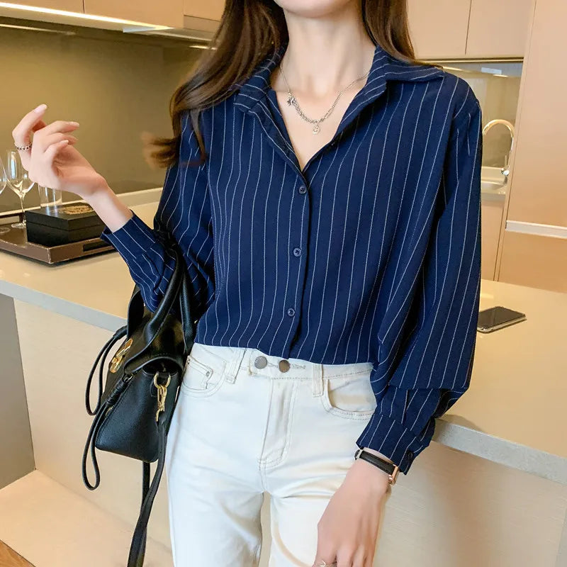 Fashion Woman Blouses 2025 Chiffon Long Sleeve Shirt Tops Woman White Blouse Shirts Striped Top Pretty and Cheap Women'S Blouses