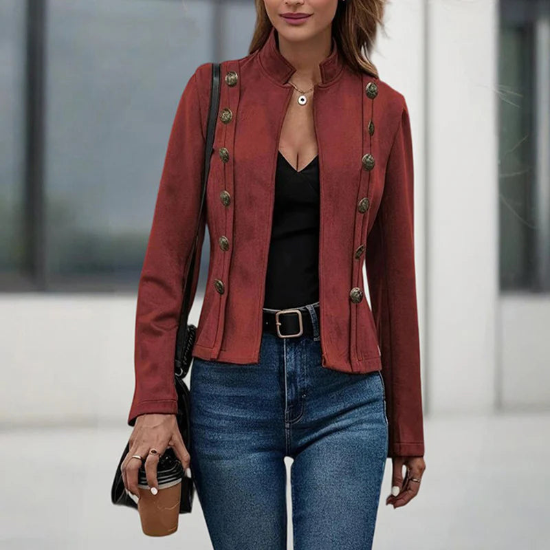 Women Fashion Solid Color Street Style Stand Collar Double Breasted Jacket