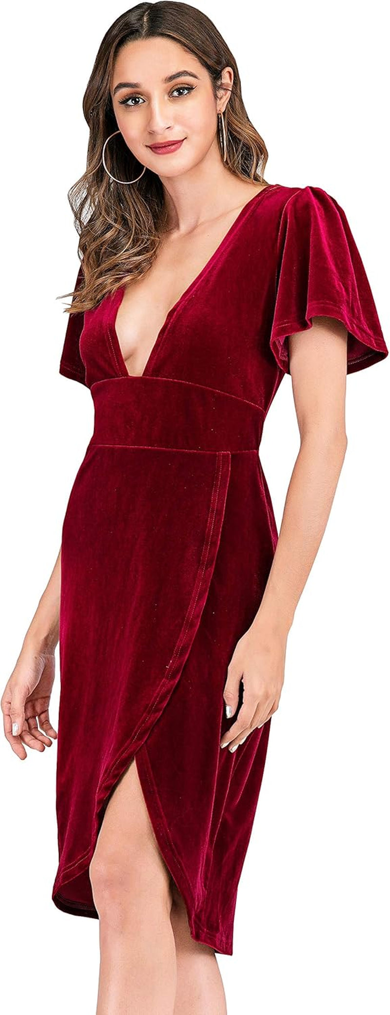 Womens Velvet Elegant Deep V Neck Short Sleeve High Low Midi Dresses