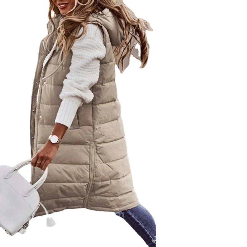 Women'S Long Coat Vest with Hood Autumn Winter Sleeveless Warm Cotton down Coat Waistcoat Quilted Vest down Jacket Outwear 5XL