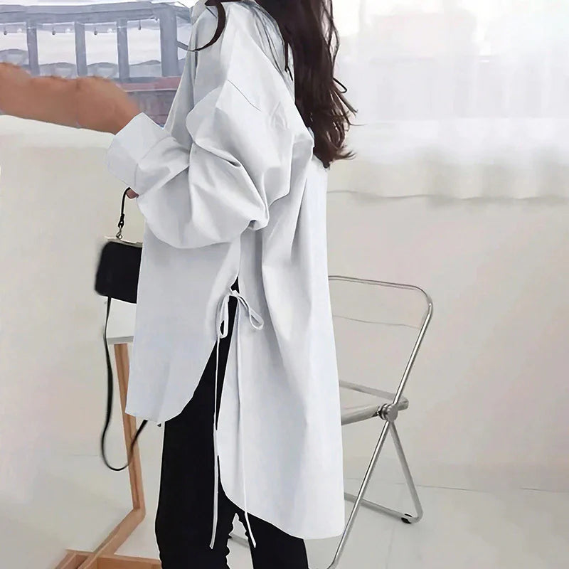Women Casual Solid Color Loose Long Sleeve Side Slit Tie Button Shirt