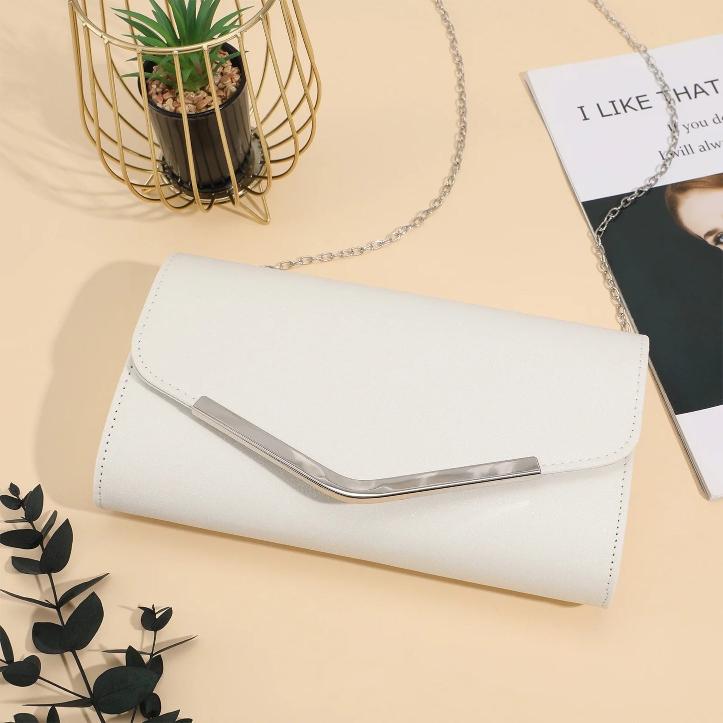 White Evening Bag Handbag Wedding Party Message Bag Clutch Bag Purse Simple Chain Bag for Women Ladies