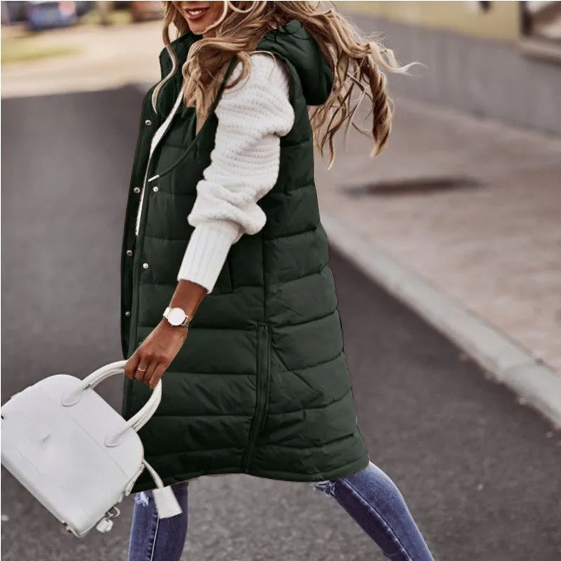 Women'S Long Coat Vest with Hood Autumn Winter Sleeveless Warm Cotton down Coat Waistcoat Quilted Vest down Jacket Outwear 5XL