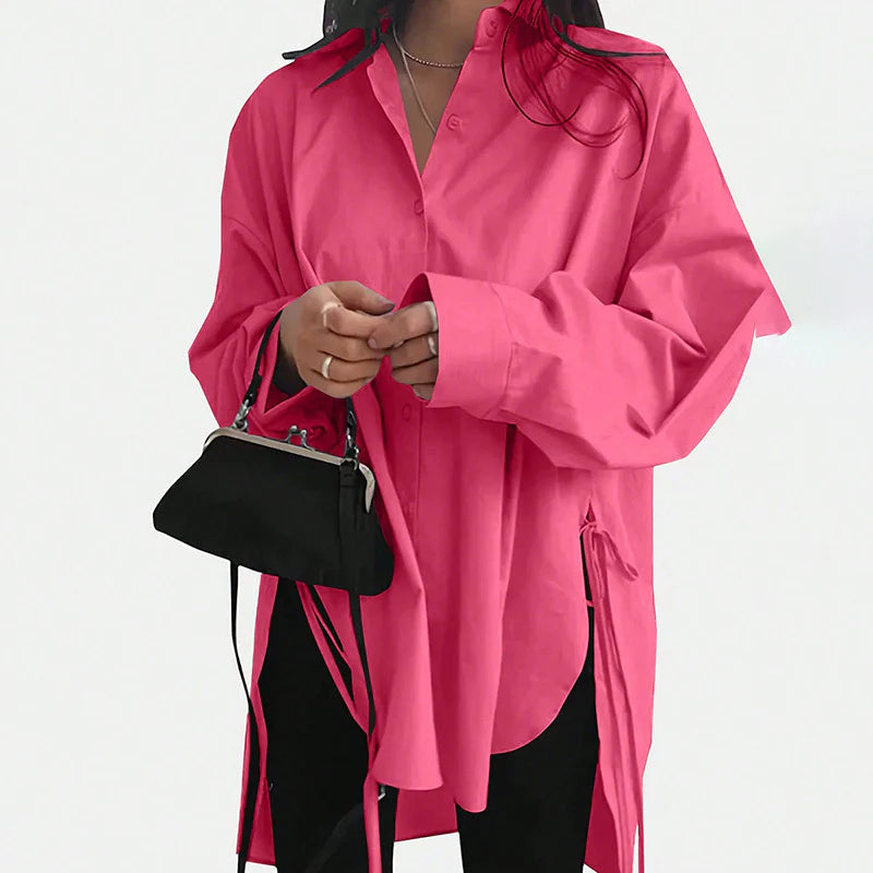 Women Casual Solid Color Loose Long Sleeve Side Slit Tie Button Shirt