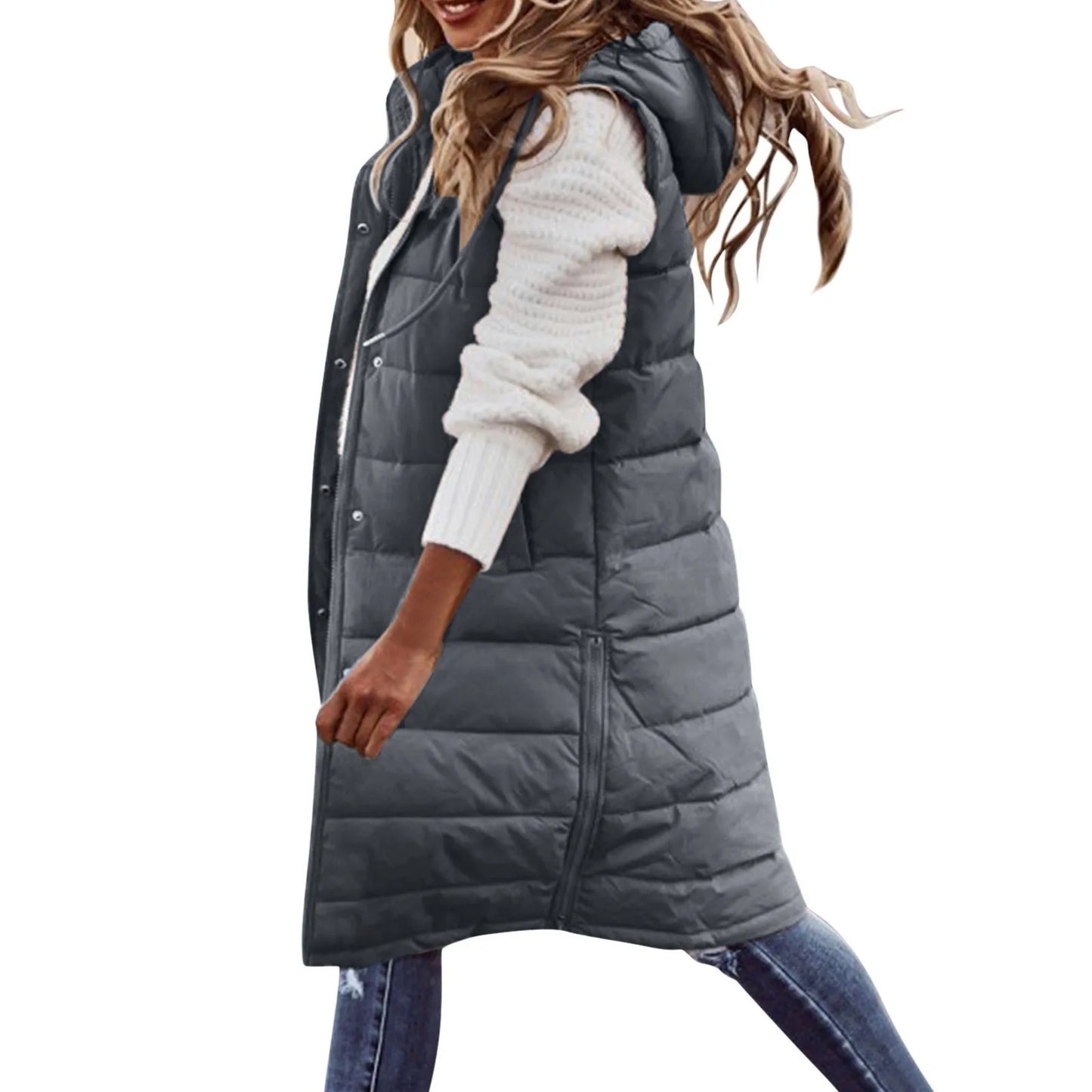 Women'S Long Coat Vest with Hood Autumn Winter Sleeveless Warm Cotton down Coat Waistcoat Quilted Vest down Jacket Outwear 5XL
