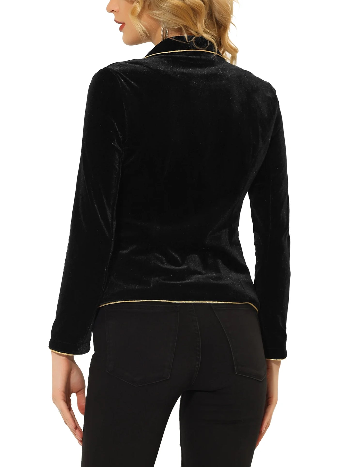 Women'S Office One Button Notched Lapel Long Sleeves Velvet Blazer M Black
