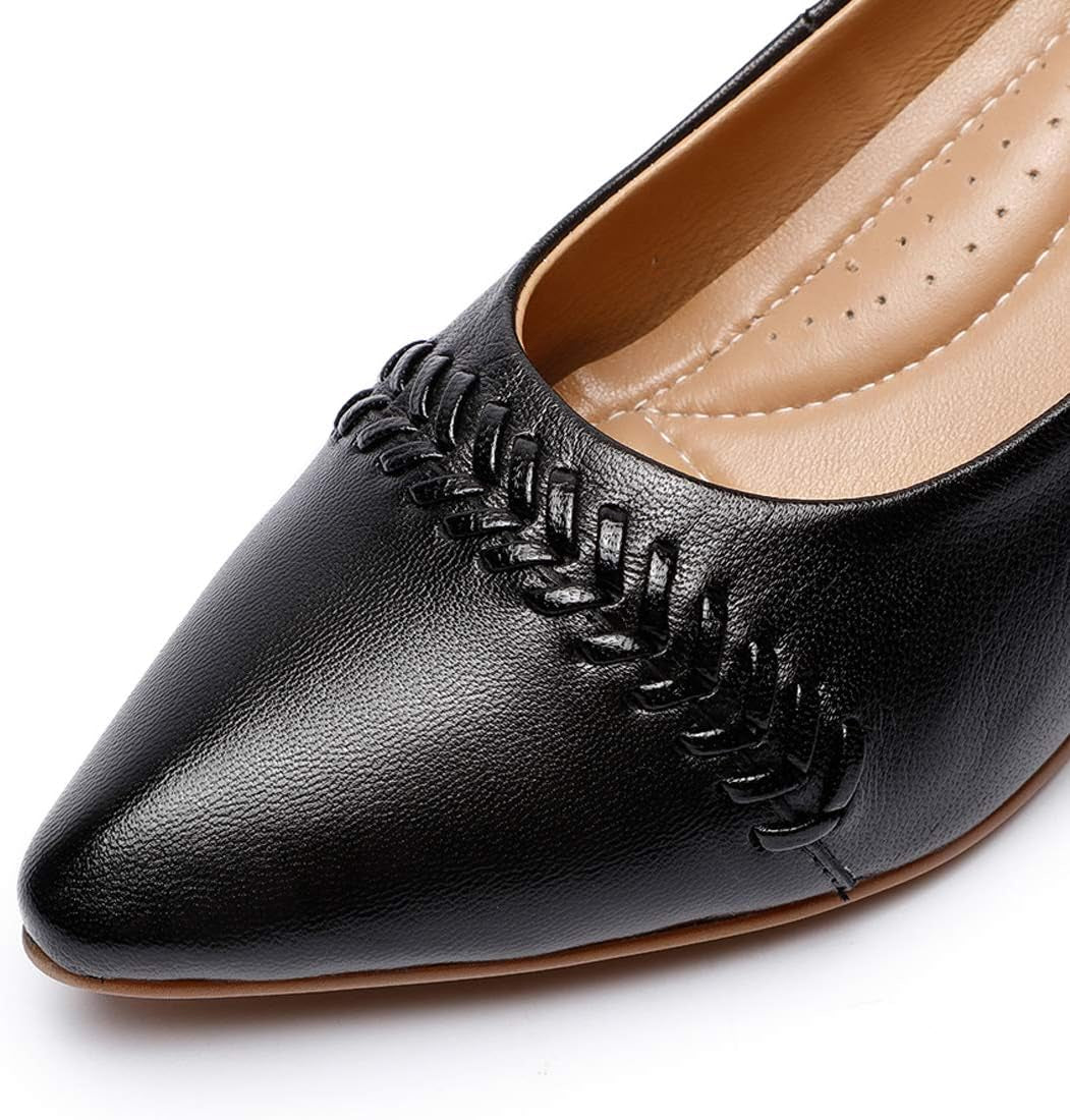 Women'S Leather Pump Med Heel Pointed Toe Office Dress Shoes for Ladies