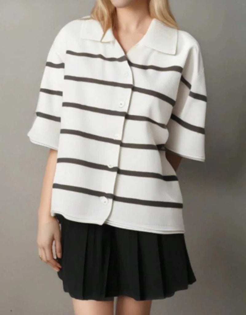 Women Fashion Casual Lapel Short Sleeve Button Navy Blue Striped Sleeve Knitted Cardigan
