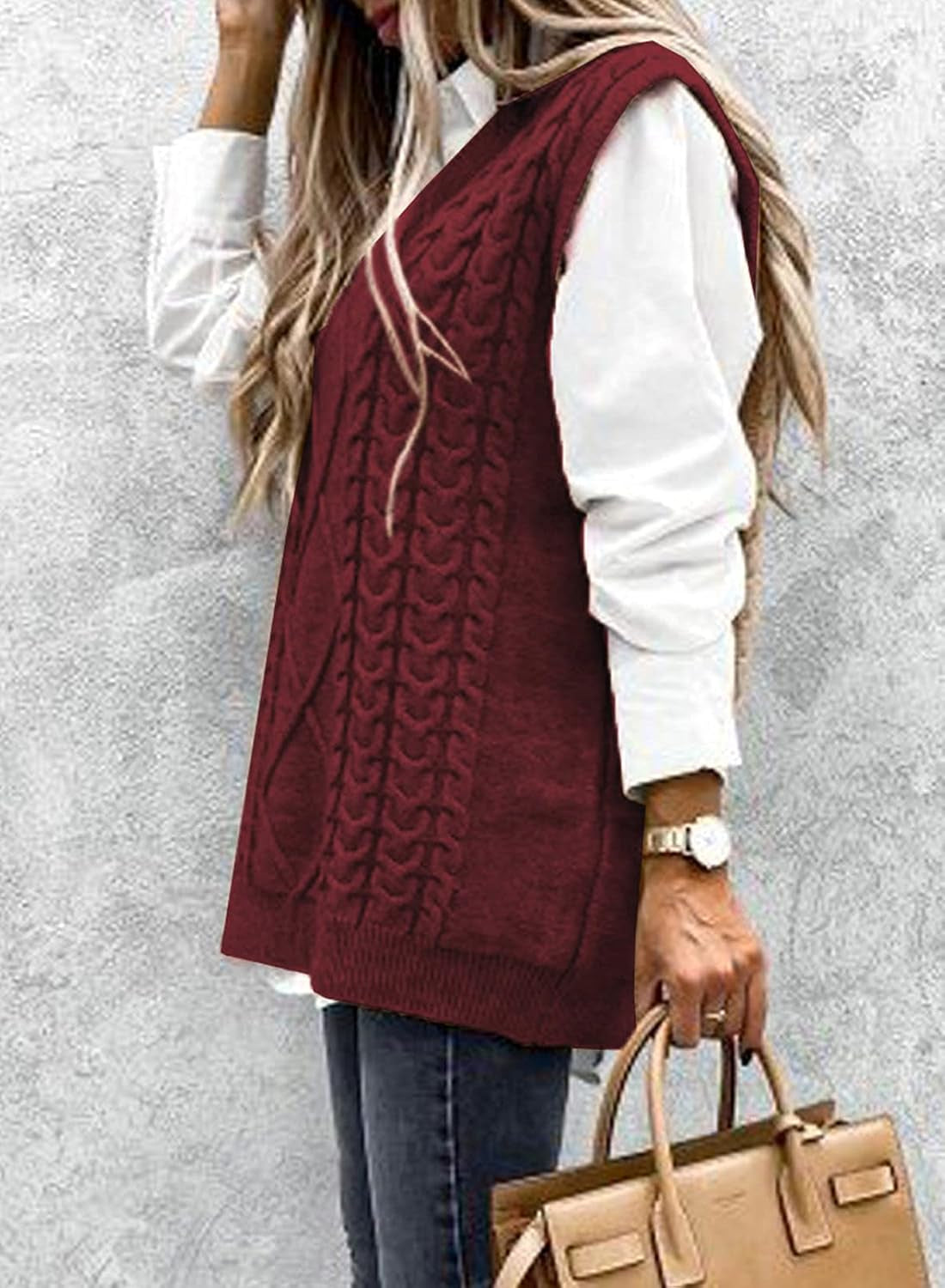 Women V Neck Sweater Vest Solid Sleeveless Pullover Sweaters Casual Cable Knit Sweaters Tops