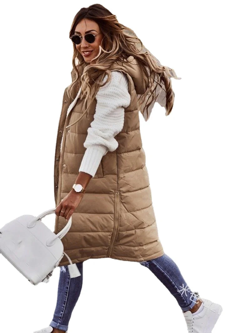 Women'S Long Coat Vest with Hood Autumn Winter Sleeveless Warm Cotton down Coat Waistcoat Quilted Vest down Jacket Outwear 5XL