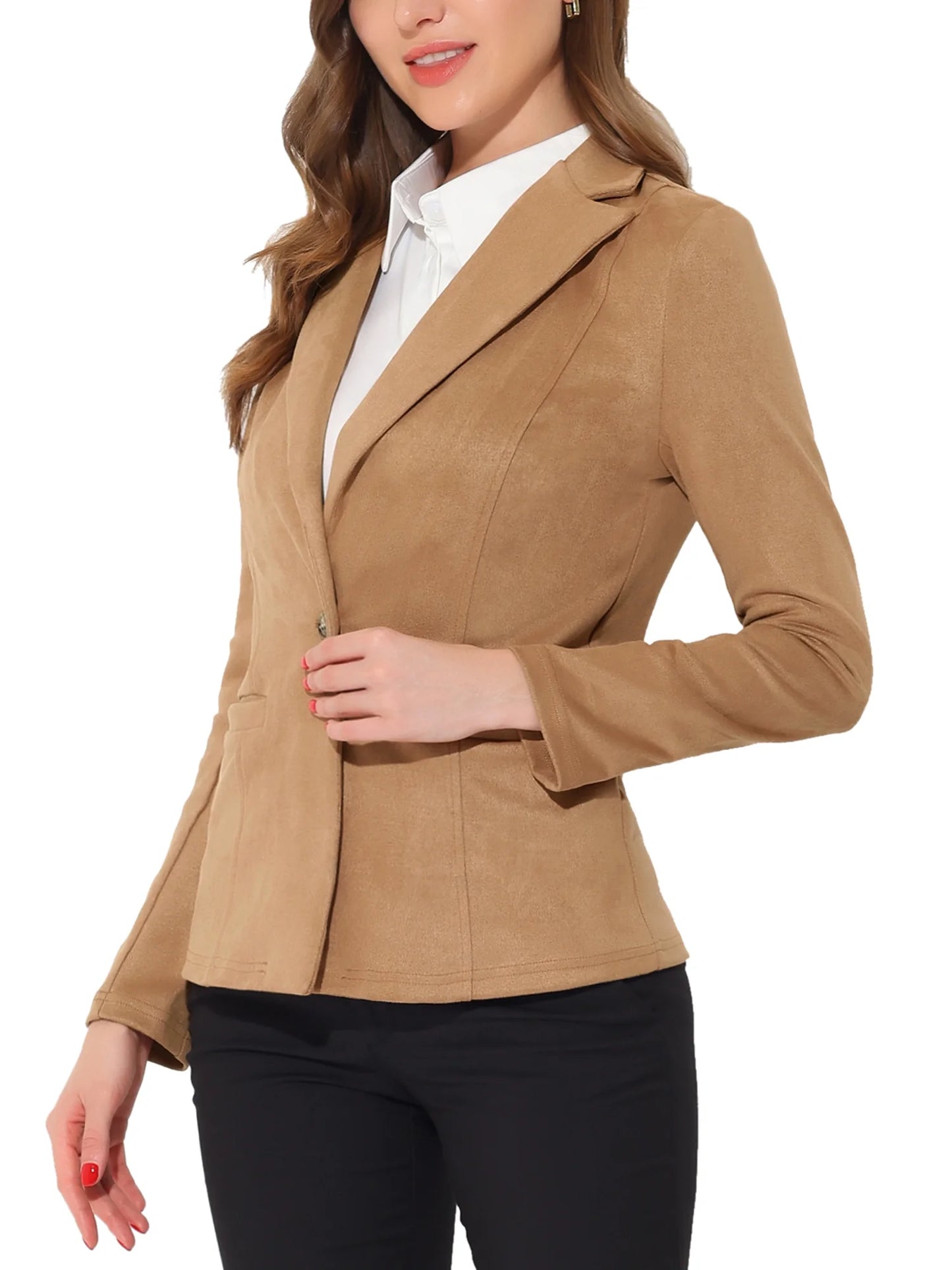 Faux Suede Casual Blazer for Women'S Lapel Collar Long Sleeve Work Office Jacket L Khaki