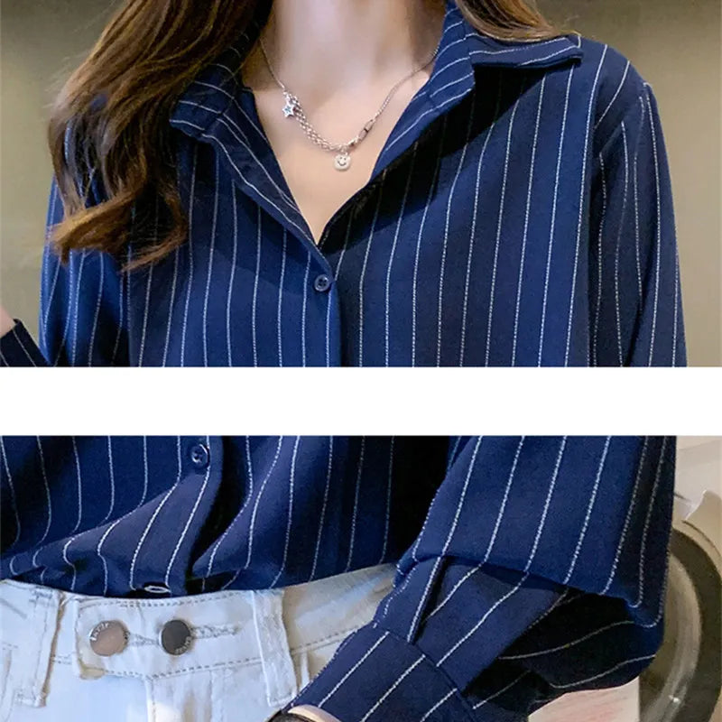 Fashion Woman Blouses 2025 Chiffon Long Sleeve Shirt Tops Woman White Blouse Shirts Striped Top Pretty and Cheap Women'S Blouses