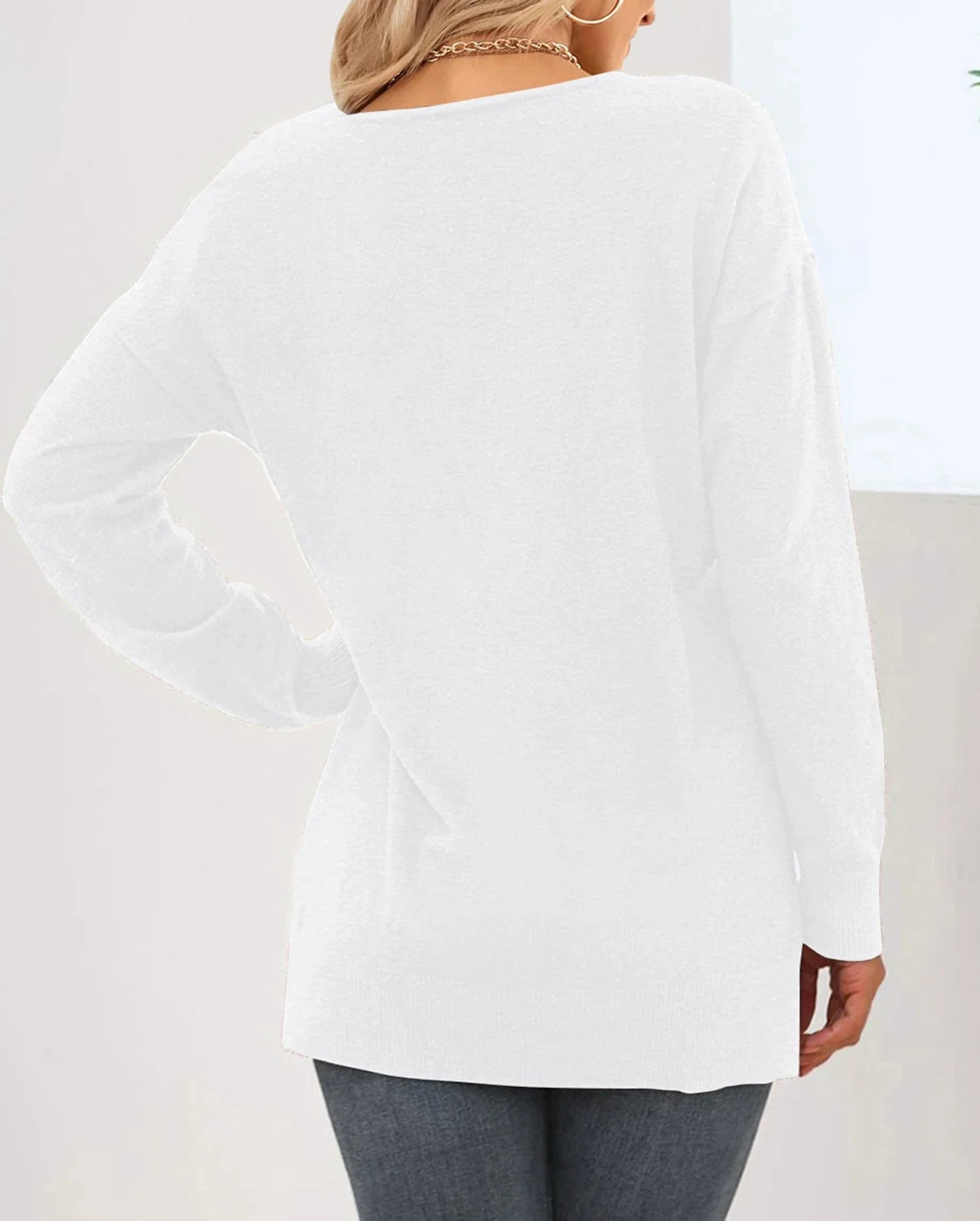 V Neck Sweaters for Women Fall Lightweight Knit Pullover Sweater Side Slits Tops