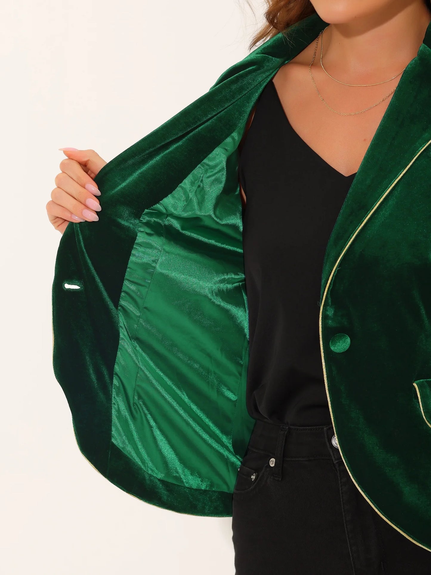 Women'S Office One Button Notched Lapel Long Sleeves Velvet Blazer XL Dark Green