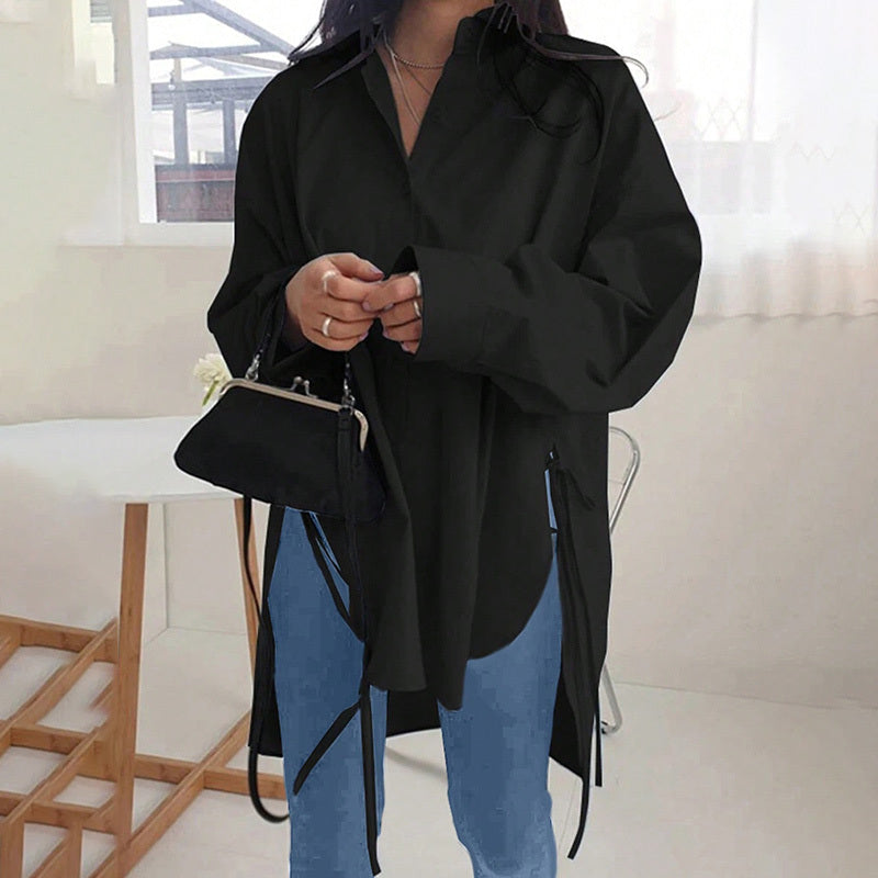 Women Casual Solid Color Loose Long Sleeve Side Slit Tie Button Shirt
