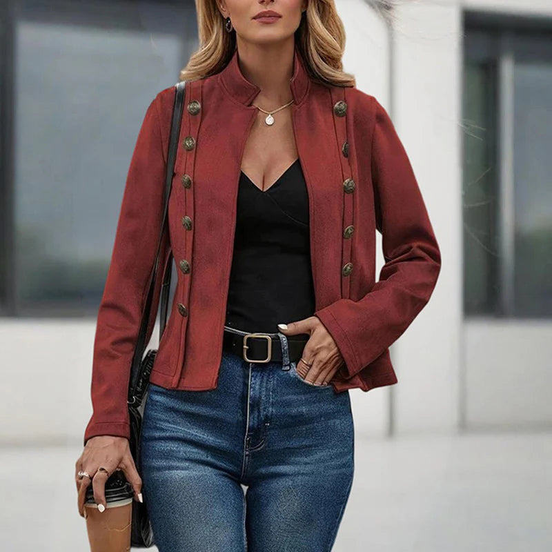 Women Fashion Solid Color Street Style Stand Collar Double Breasted Jacket