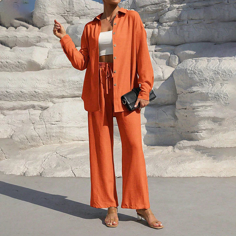 Women Solid Color Lapel Long Sleeve Pants Set - Button-Up Casual Two-Piece Outfit with Drawstring Waist, Spring&Fall Lounge Wear