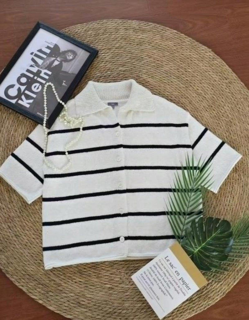Women Fashion Casual Lapel Short Sleeve Button Navy Blue Striped Sleeve Knitted Cardigan