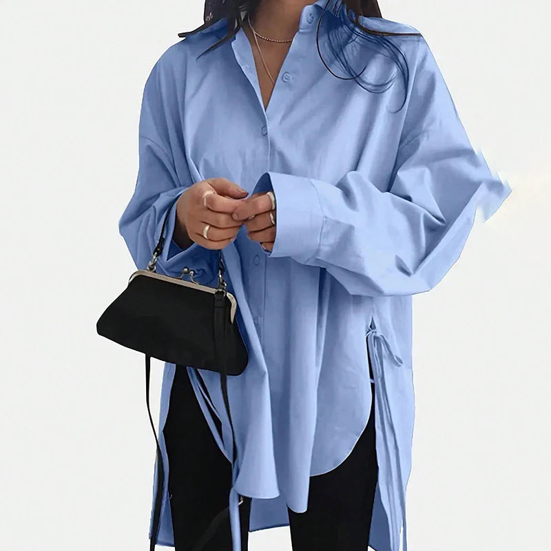 Women Casual Solid Color Loose Long Sleeve Side Slit Tie Button Shirt