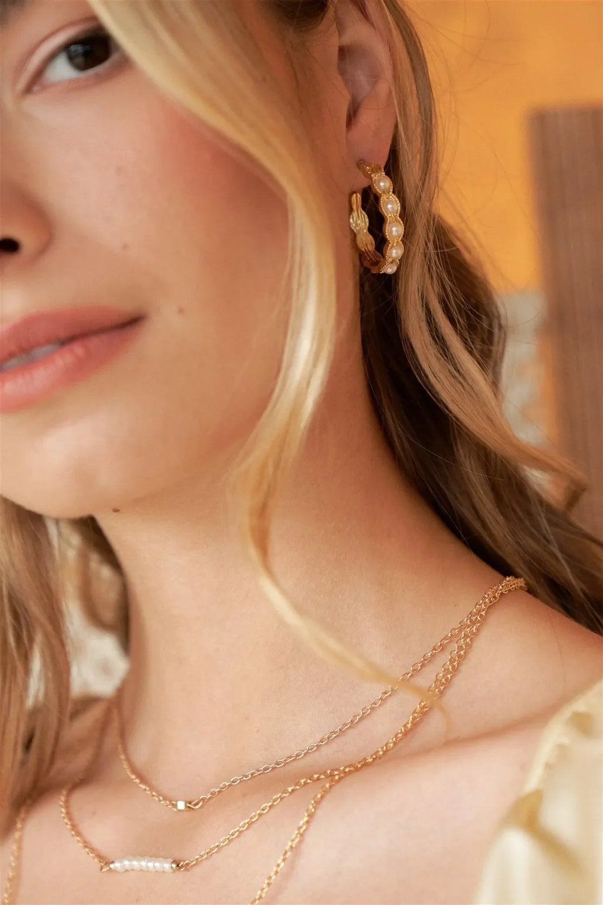 Boho Gold Pearl Scalloped Huggie Hoop Earrings