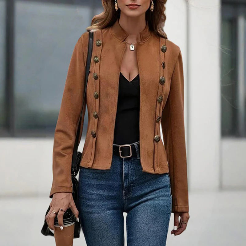 Women Fashion Solid Color Street Style Stand Collar Double Breasted Jacket