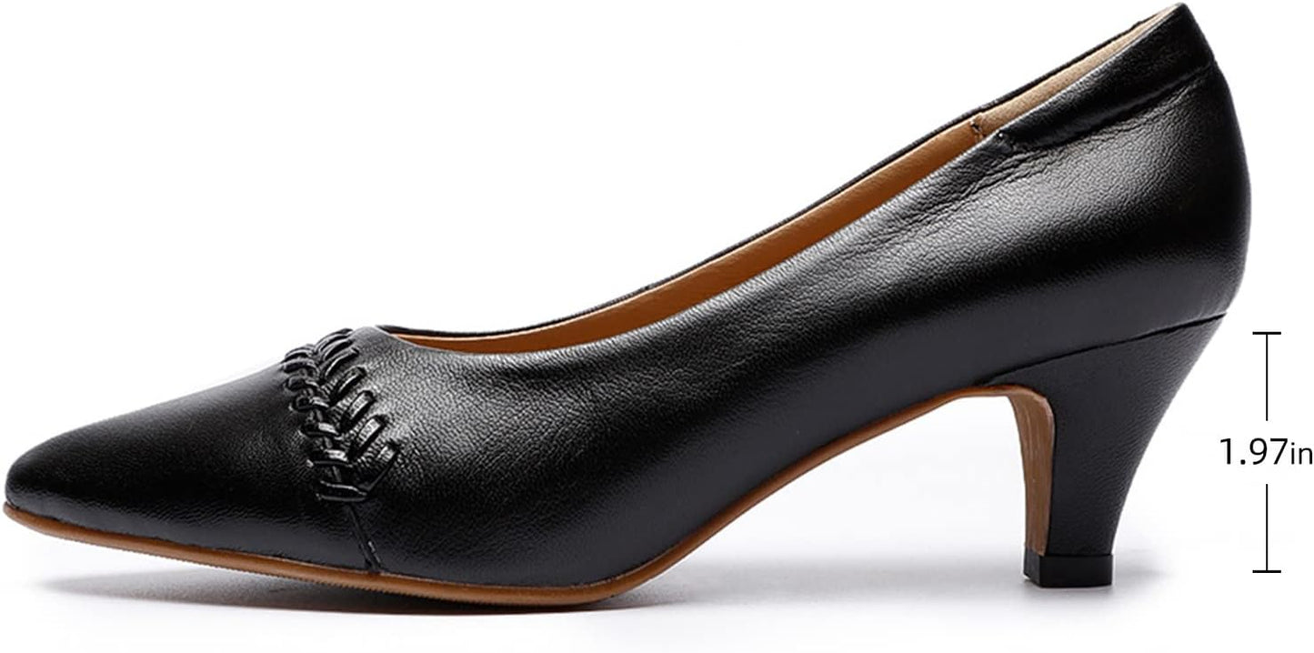 Women'S Leather Pump Med Heel Pointed Toe Office Dress Shoes for Ladies