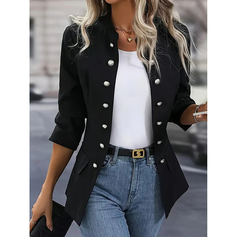 Women Open Front Mock Neck Double Breasted Long Sleeve Blazer Business Jacket