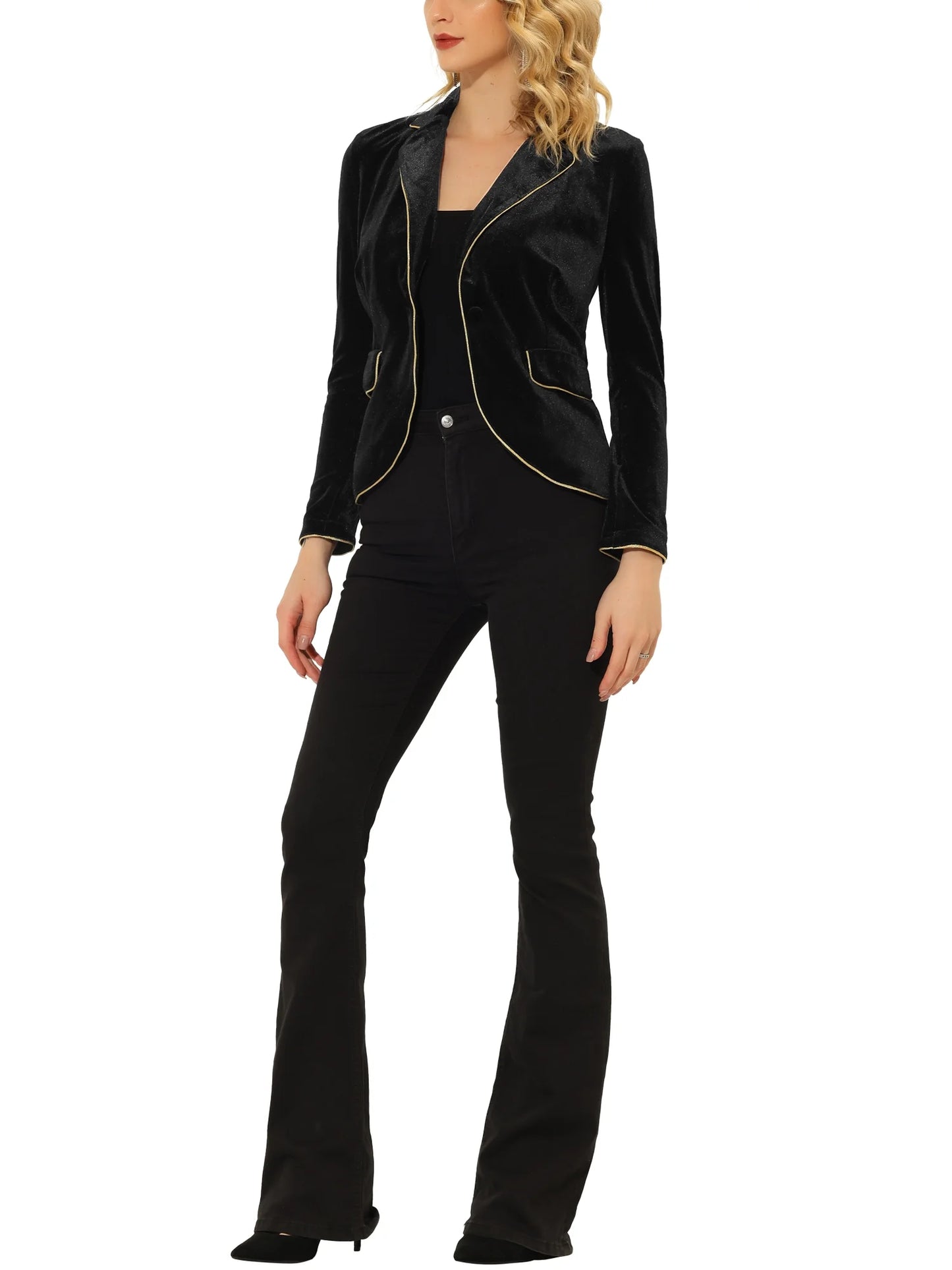 Women'S Office One Button Notched Lapel Long Sleeves Velvet Blazer M Black