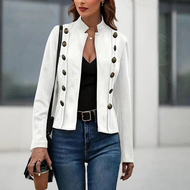 Women Fashion Solid Color Street Style Stand Collar Double Breasted Jacket