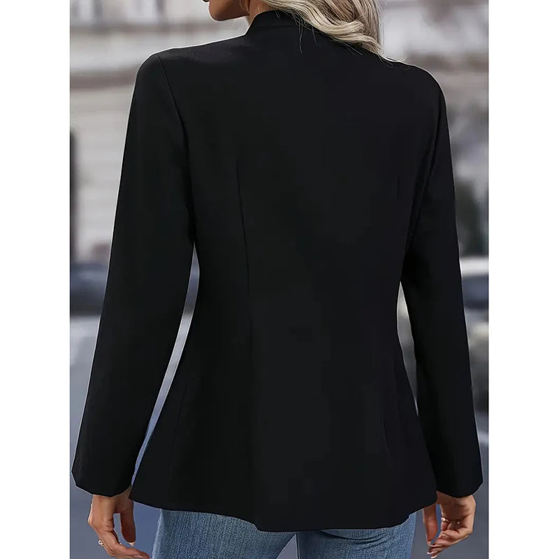 Women Open Front Mock Neck Double Breasted Long Sleeve Blazer Business Jacket
