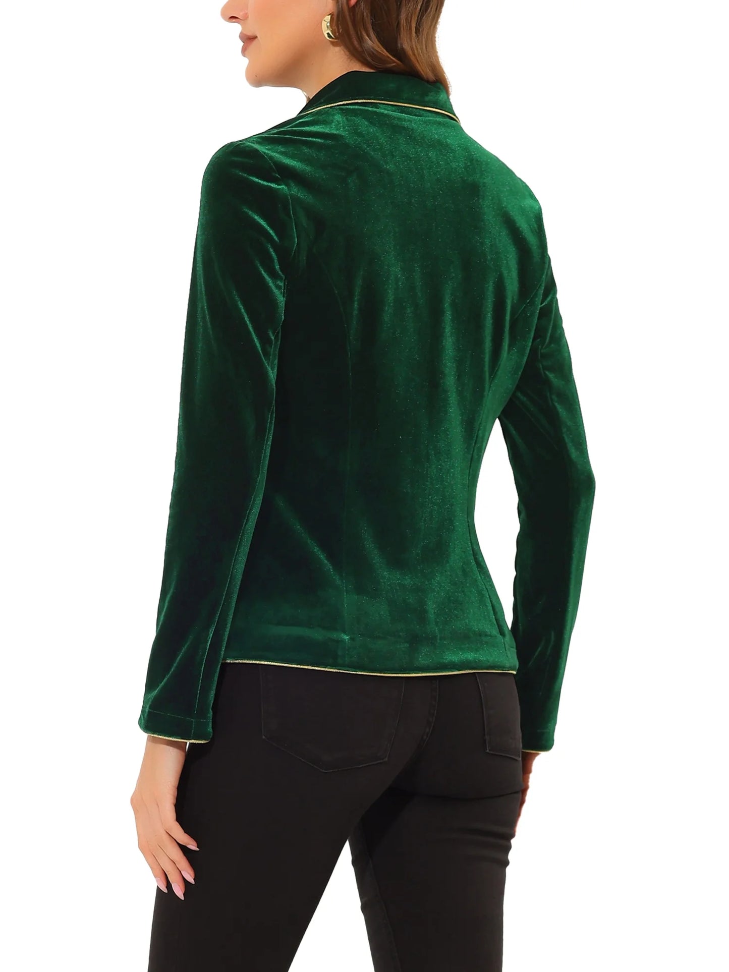 Women'S Office One Button Notched Lapel Long Sleeves Velvet Blazer XL Dark Green