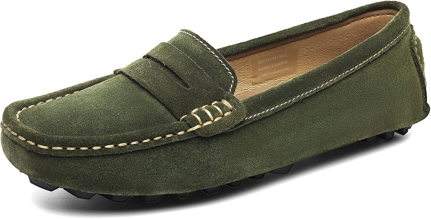 Women'S Suede Leather Casual Penny Loafers Retro Ladies Moccasins Driving Mocs Comfort Slip-On Fashion Boat Shoes Classic Flats