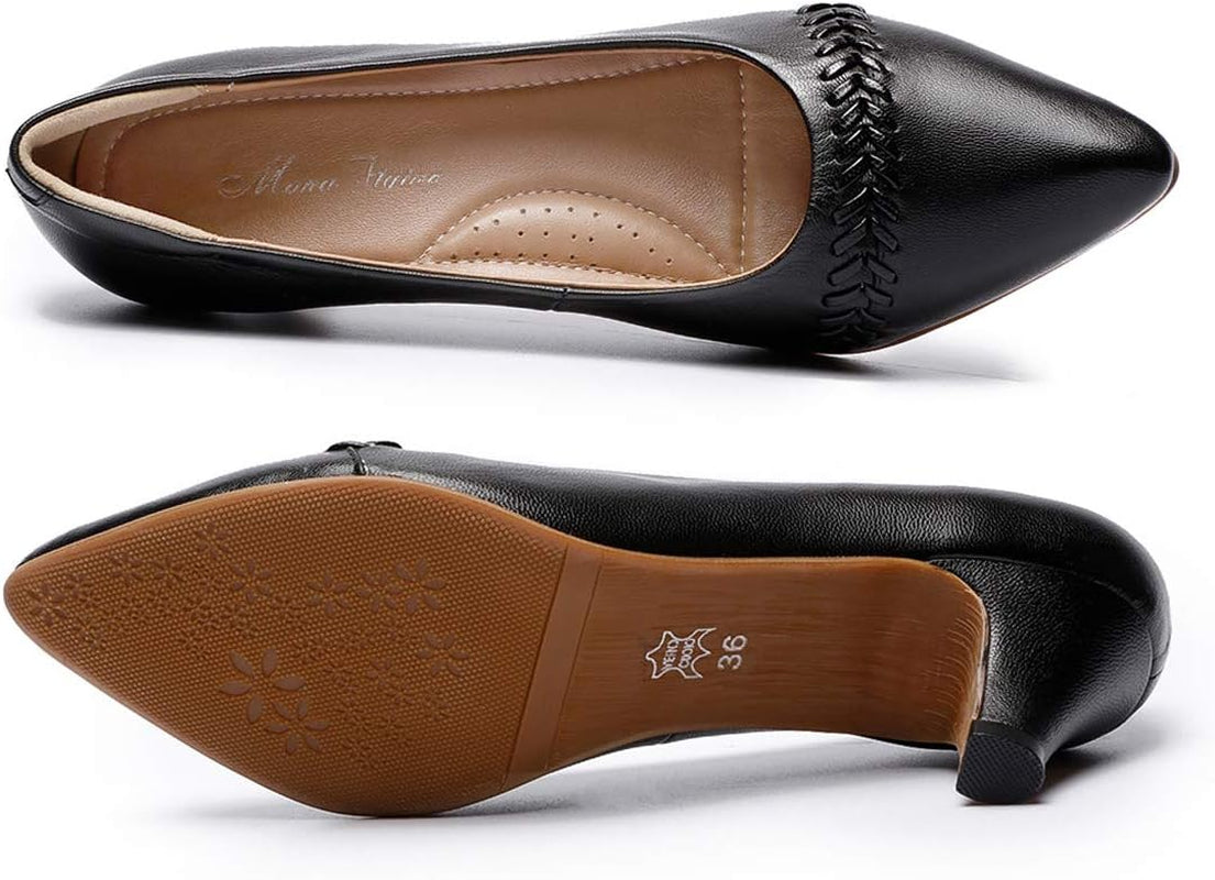 Women'S Leather Pump Med Heel Pointed Toe Office Dress Shoes for Ladies