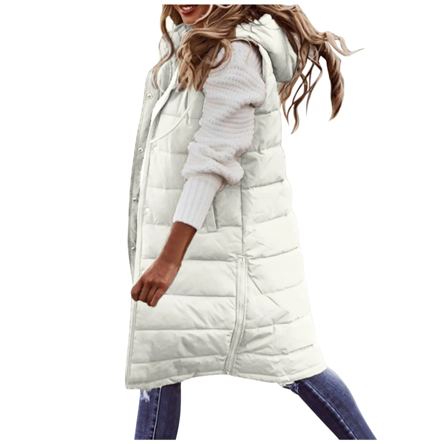 Women'S Long Coat Vest with Hood Autumn Winter Sleeveless Warm Cotton down Coat Waistcoat Quilted Vest down Jacket Outwear 5XL